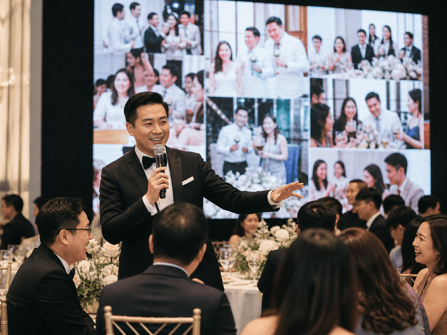 Wedding emcee on stage as a ballroom enjoys guest photos and wishes shown on a live celebration screen.