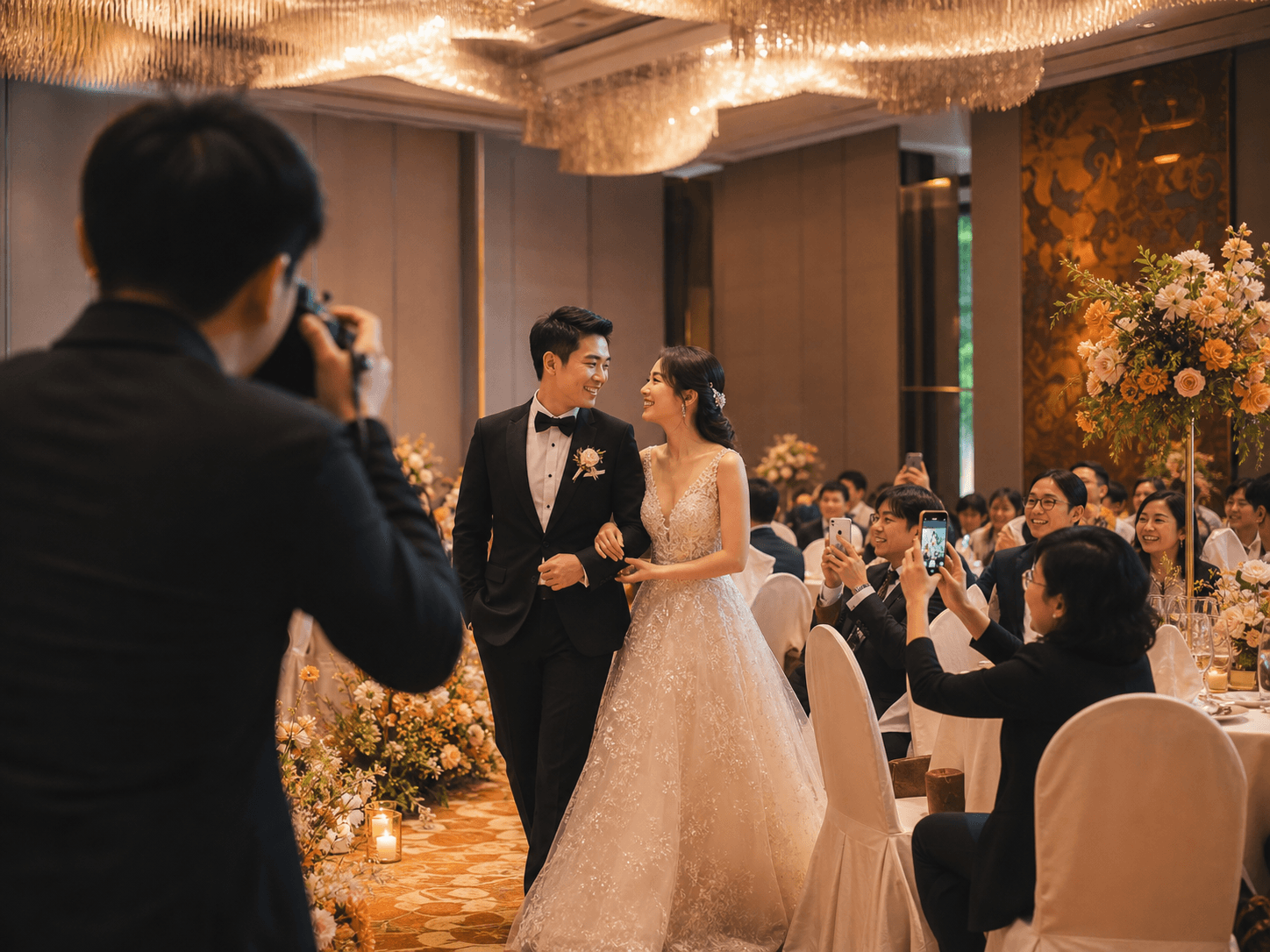 Wedding photographer documenting a couple while guests share candid moments from around the celebration.