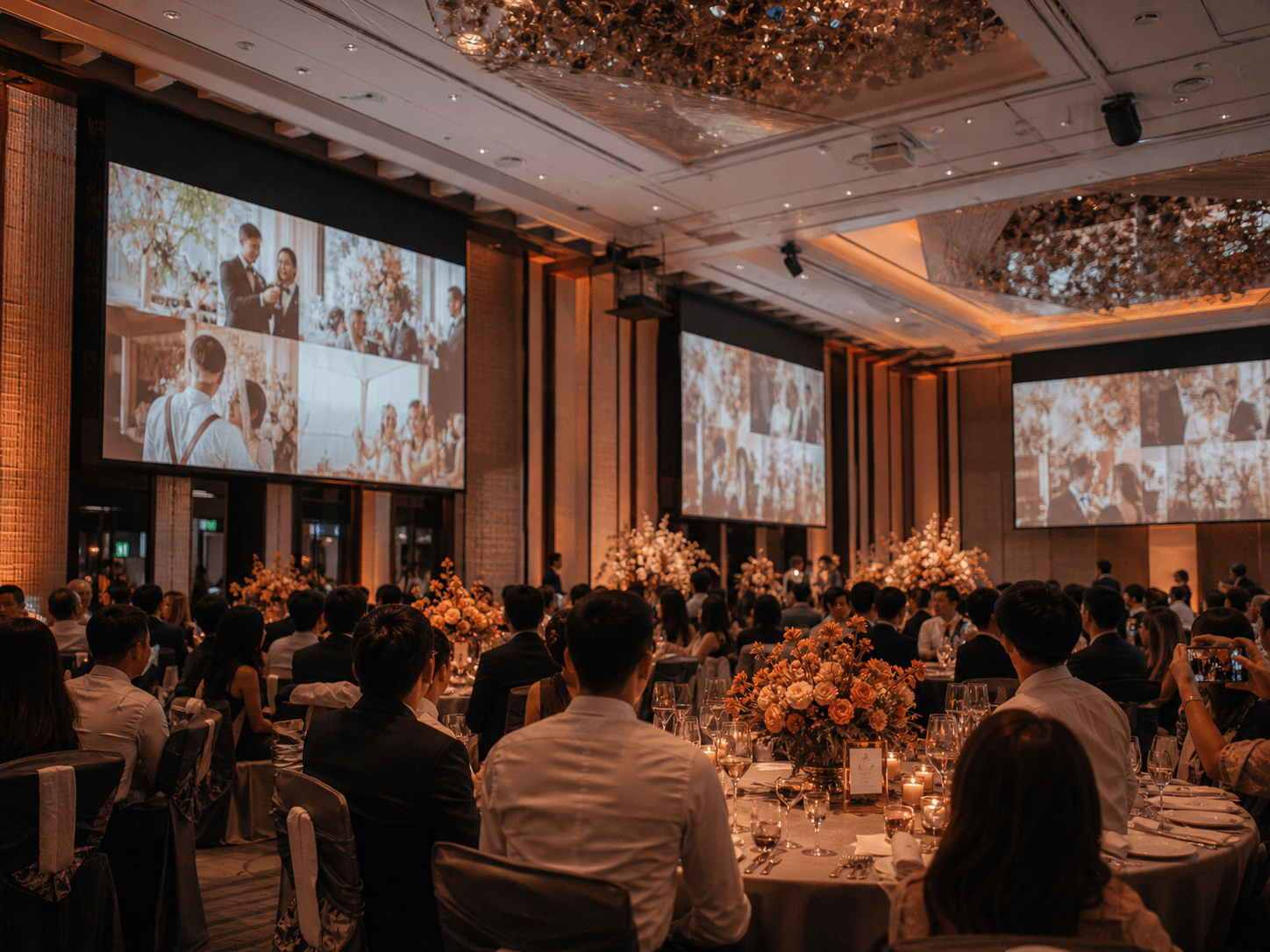 Elegant wedding ballroom with guests viewing a live wall of shared photos and wishes on a large venue screen.
