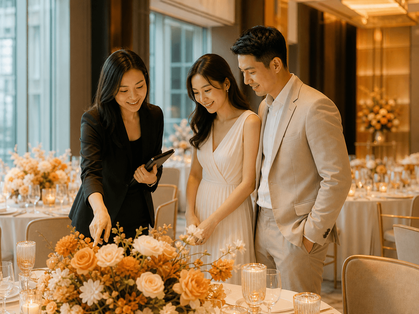 Wedding planner reviewing a warm reception setup with a couple in an elegant ballroom.